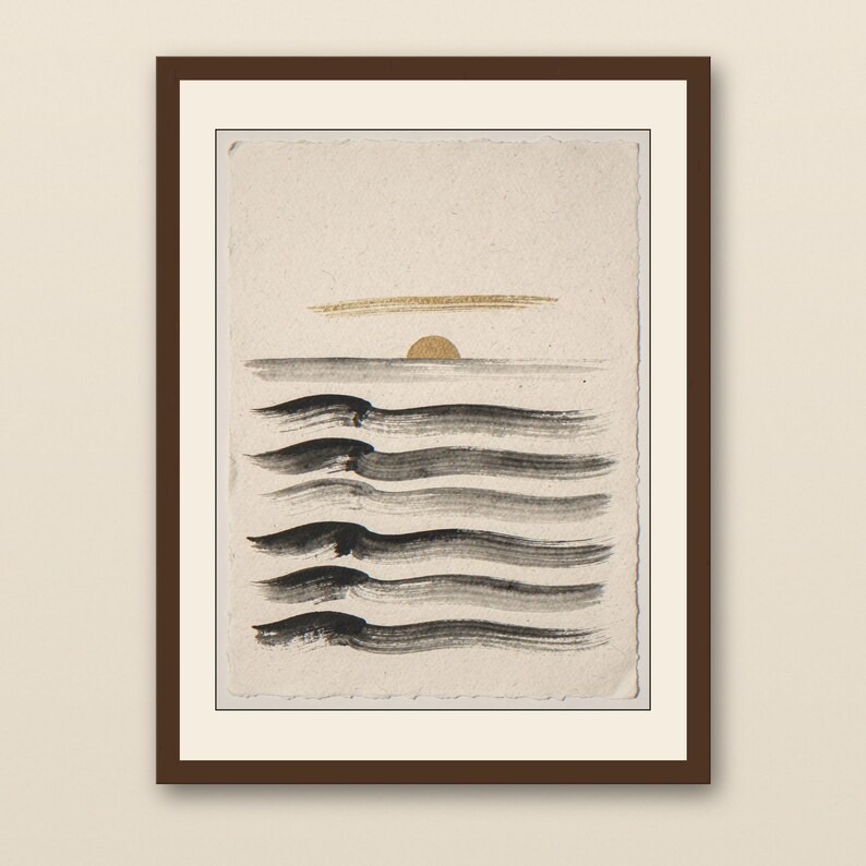 Sumi-e Seven Waves with Gold Accent Print - walnut framed art print with cream mat on plaster wall