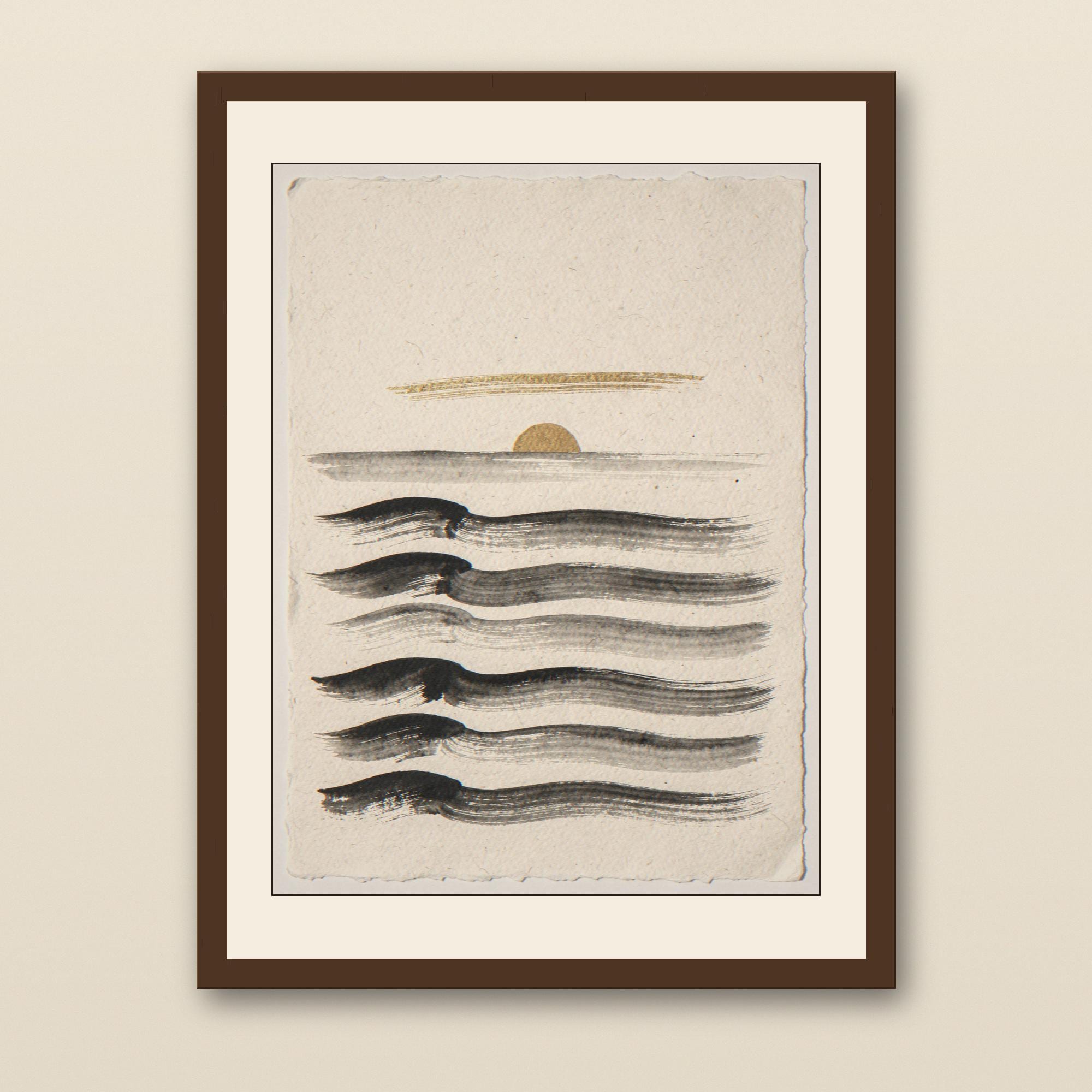 Sumi-e Seven Waves with Gold Accent Print - walnut framed art print with cream mat on plaster wall