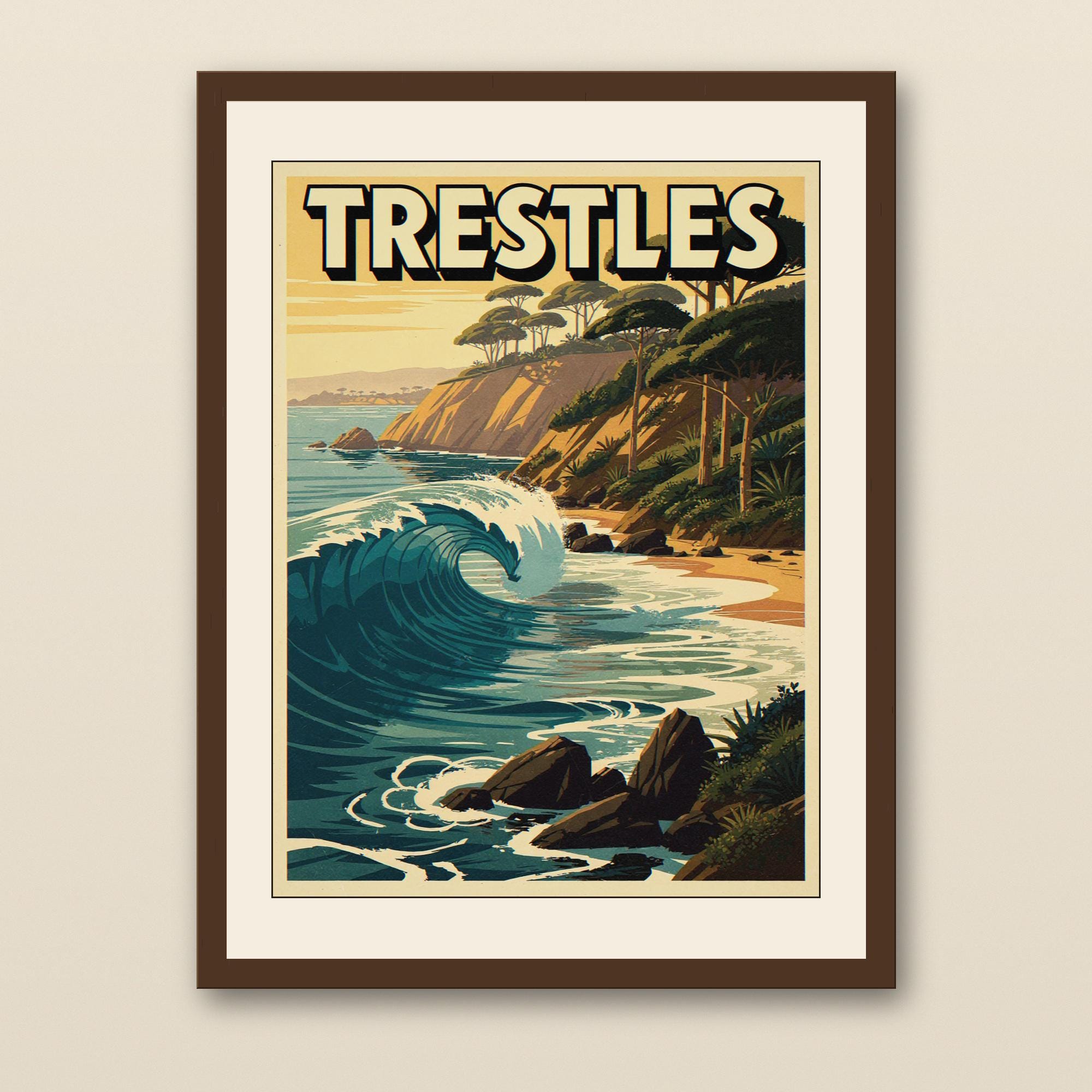 Trestles California Surf Poster - walnut framed art print with cream mat on plaster wall