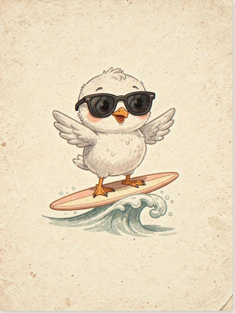 Seagull Surfing Art Print, Framed or Unframed Coastal Nursery Poster image 10
