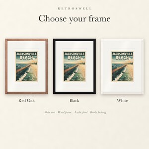 Frame options for Jacksonville Beach Surf: Red Oak, black and white wood frames, each with a white mat.