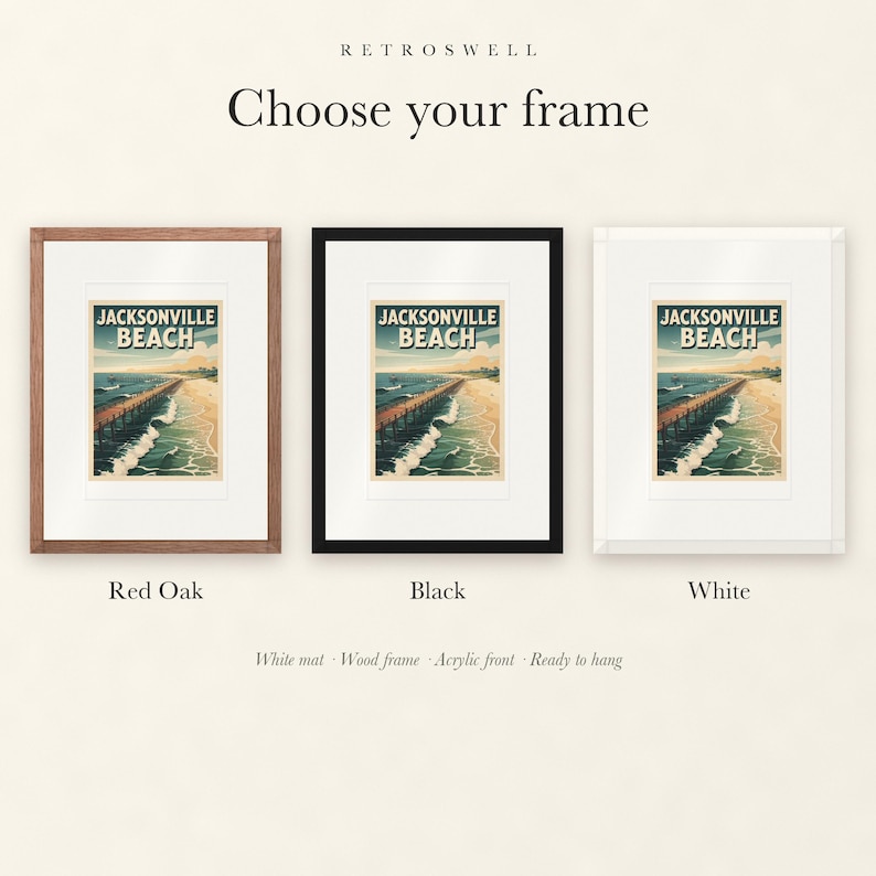 Frame options for Jacksonville Beach Surf: Red Oak, black and white wood frames, each with a white mat.