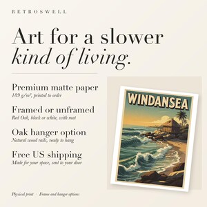 RetroSwell print details for Windansea Surf: premium 189 g/m² matte paper, framed or unframed, oak hanger option, free US shipping.