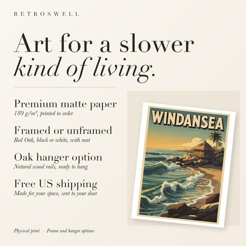 RetroSwell print details for Windansea Surf: premium 189 g/m² matte paper, framed or unframed, oak hanger option, free US shipping.