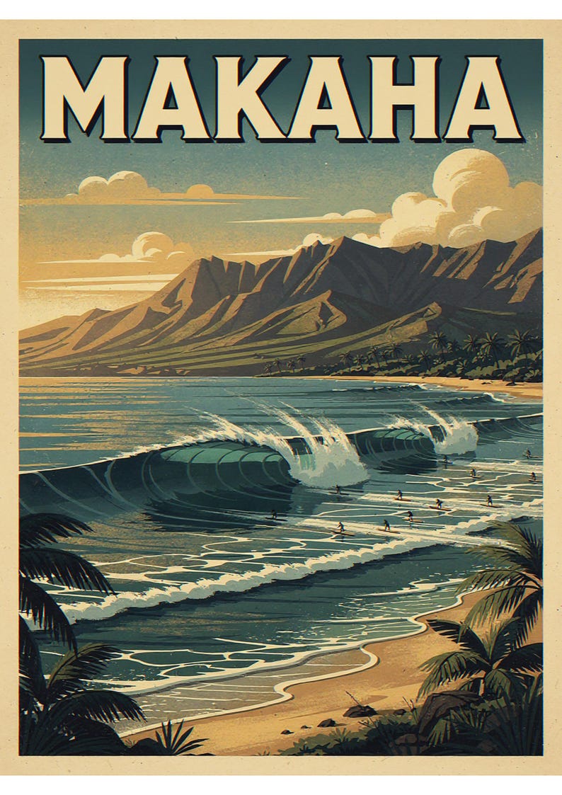 Makaha coastal scene unframed printed artwork and full composition with its paper border.