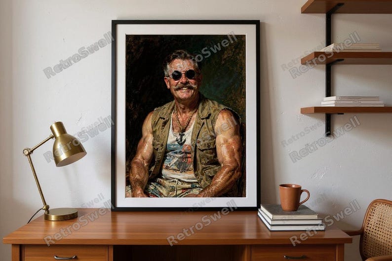 Teddy Roosevelt Surfer Oil Painting Print framed in a home office setting