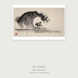 Surfer in the Barrel Xieyi Ink unframed 36 by 24 inch print on enhanced matte paper, shown with its white paper border.