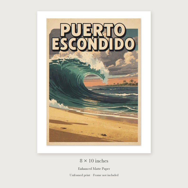 Puerto Escondido Surf unframed 8 by 10 inch print on enhanced matte paper, shown with its white paper border.
