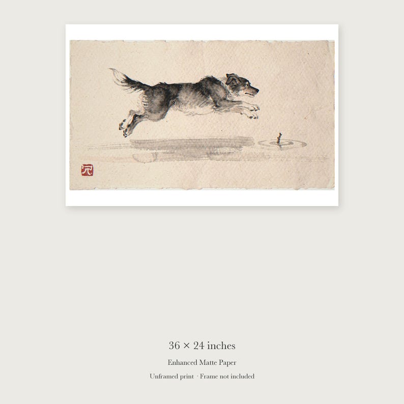 Dog Chasing a Stick Xieyi Ink unframed 36 by 24 inch print on enhanced matte paper, shown with its white paper border.