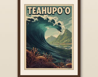 Surfposter Teahupoo Tahiti | Vintage surfreisposter | Retro strandkunst aan de muur | Afdrukbaar kustdecor