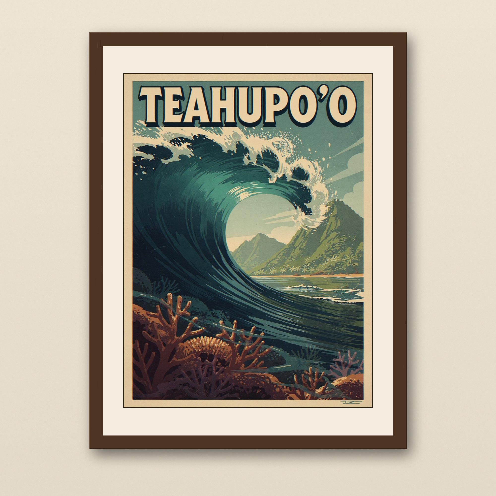 Teahupo'o Tahiti Surf Poster - walnut framed art print with cream mat on plaster wall