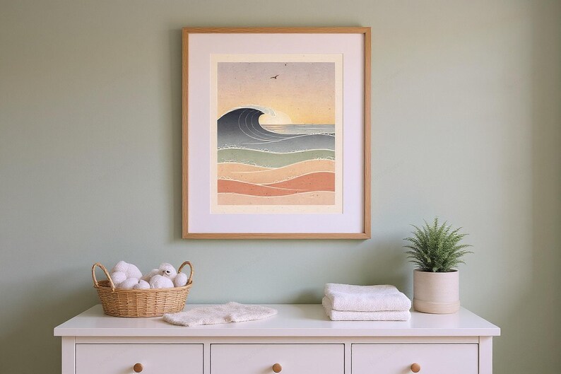 Ocean Waves Nursery Art framed in a home office setting