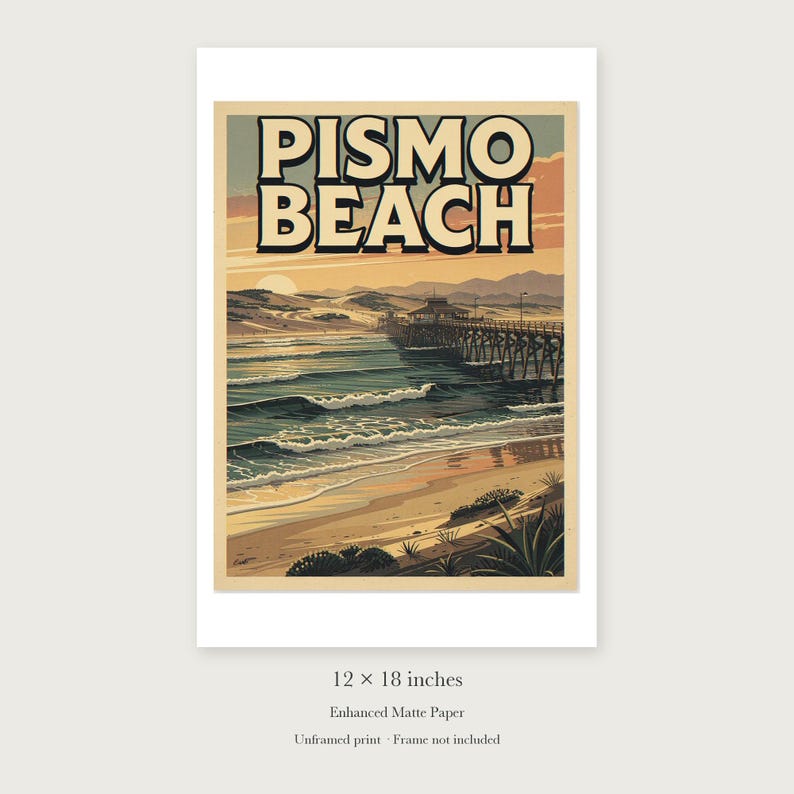 Pismo Beach Surf unframed 12 by 18 inch print on enhanced matte paper, shown with its white paper border.