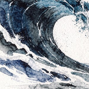 Watercolor Wave Painting Print, Indigo Barrel Ocean Art, Coastal Wall Decor, Surf Art, Beach House Gift, Printable Wall Art Digital Download image 4