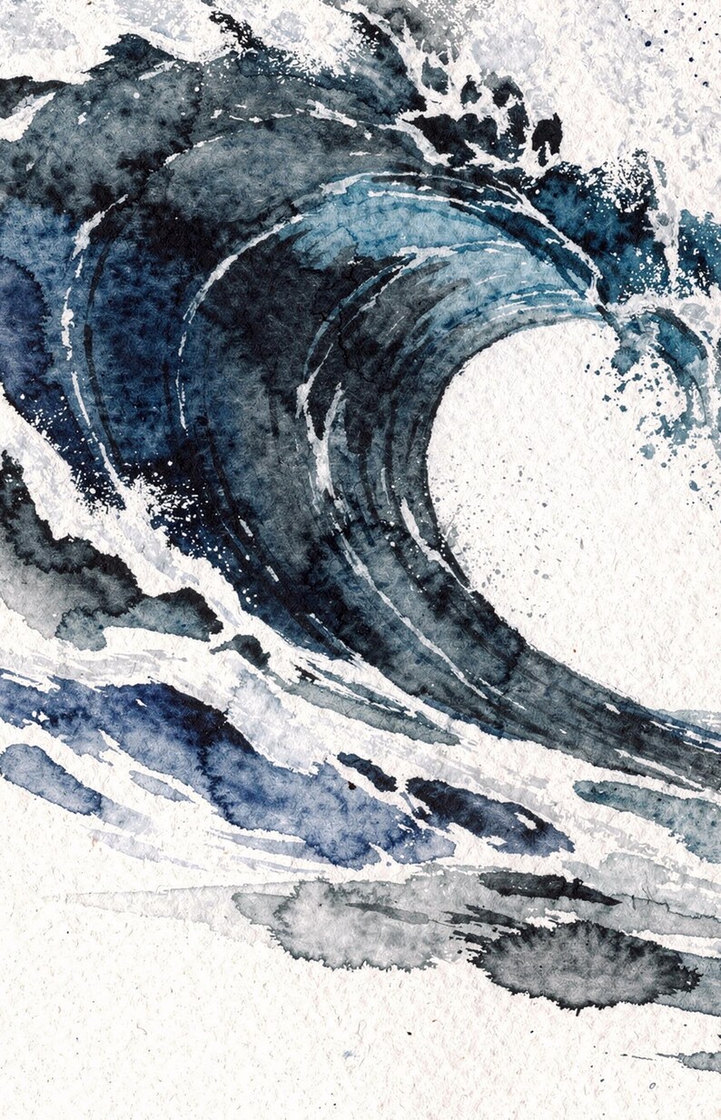 Watercolor Wave Painting Print, Indigo Barrel Ocean Art, Coastal Wall Decor, Surf Art, Beach House Gift, Printable Wall Art Digital Download image 4