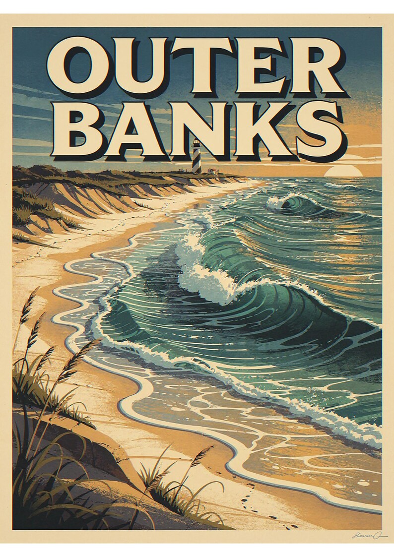 Outer Banks coastal scene unframed printed artwork and full composition with its paper border.
