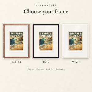 Frame options for Snapper Rocks Surf: Red Oak, black and white wood frames, each with a white mat.
