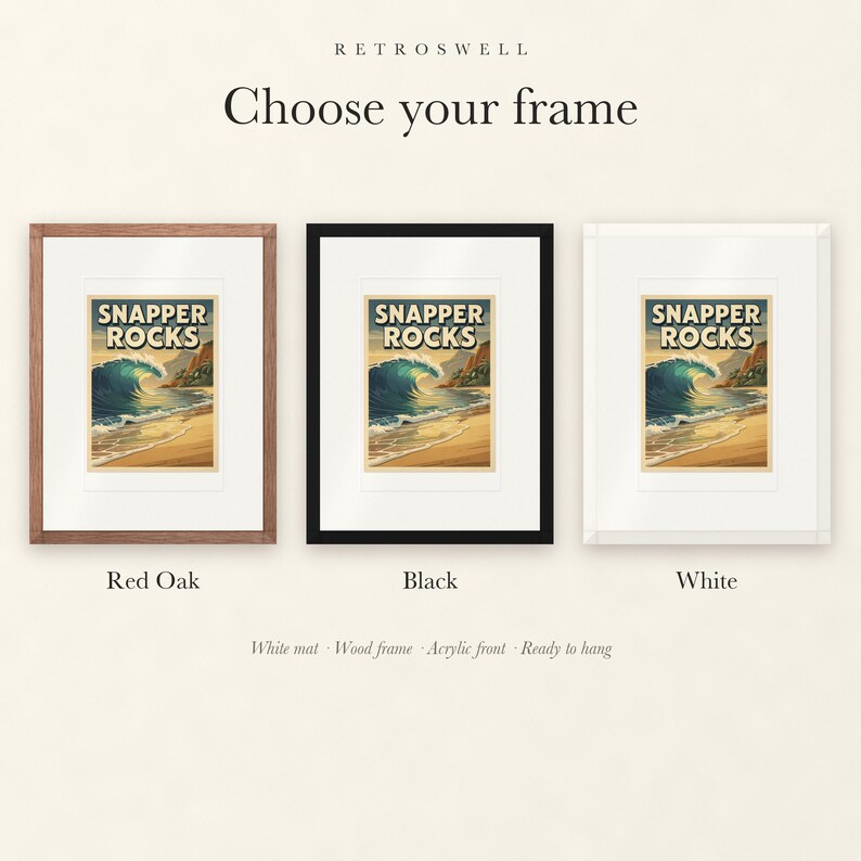 Frame options for Snapper Rocks Surf: Red Oak, black and white wood frames, each with a white mat.