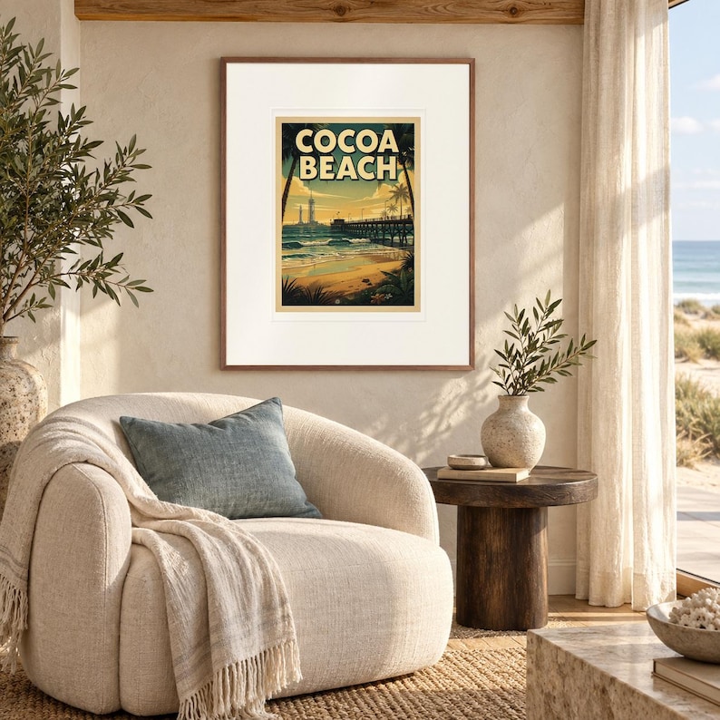 Cocoa Beach Surf print in a Red Oak frame with a white mat in a light-filled coastal sitting room.