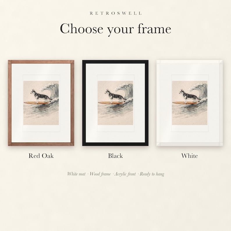 Frame options for Husky Surfing: Red Oak, black and white wood frames, each with a white mat.