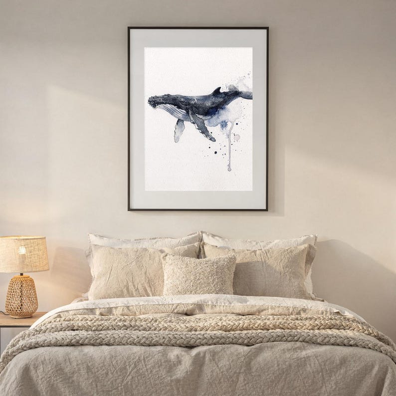 Humpback Whale Watercolor Print, Indigo Whale Painting, Coastal Wall Art, Ocean Nursery Decor, Beach House Printable Wall Art Digital Downlo image 7