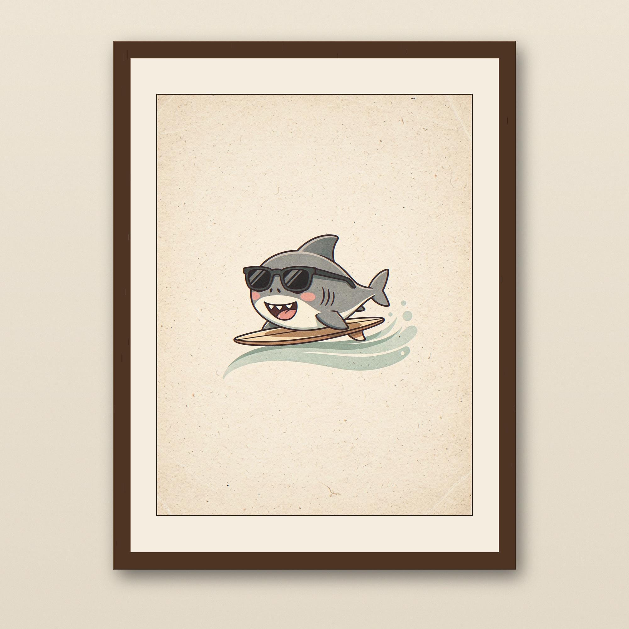 Surfing Shark Art Print - walnut framed art print with cream mat on plaster wall