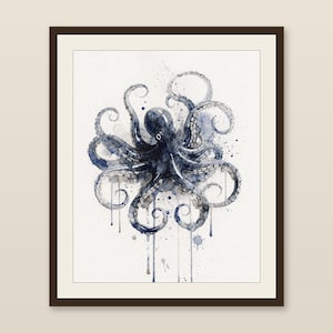 Octopus Watercolor Print, Indigo Sea Life Painting, Coastal Wall Art, Nautical Bathroom Decor, Printable Wall Art Digital Download