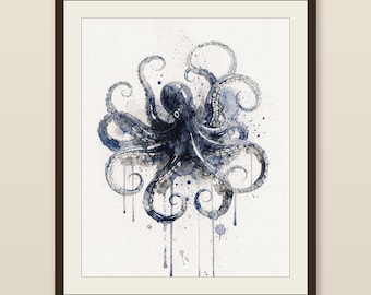 Octopus Watercolor Print, Indigo Sea Life Painting, Coastal Wall Art, Nautical Bathroom Decor, Printable Wall Art Digital Download