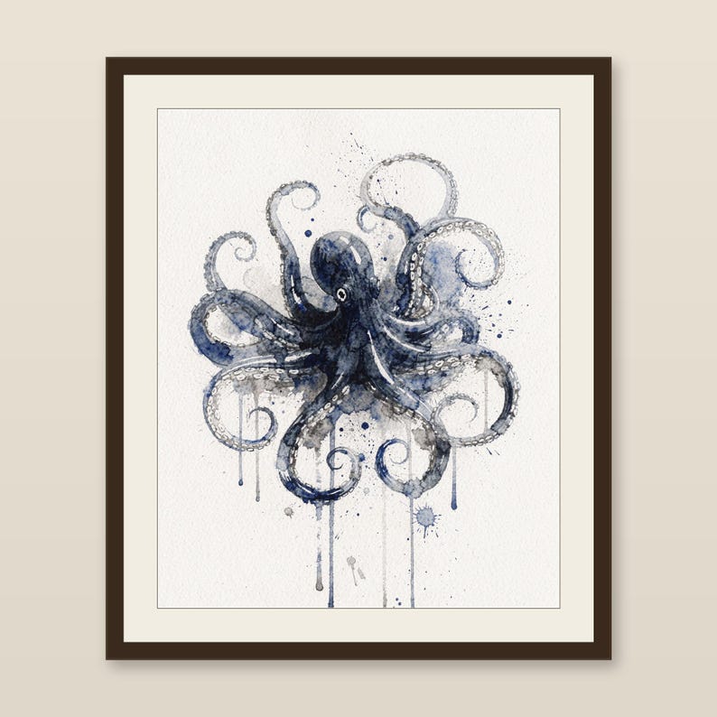 Octopus Watercolor Print, Indigo Sea Life Painting, Coastal Wall Art, Nautical Bathroom Decor, Printable Wall Art Digital Download image 1