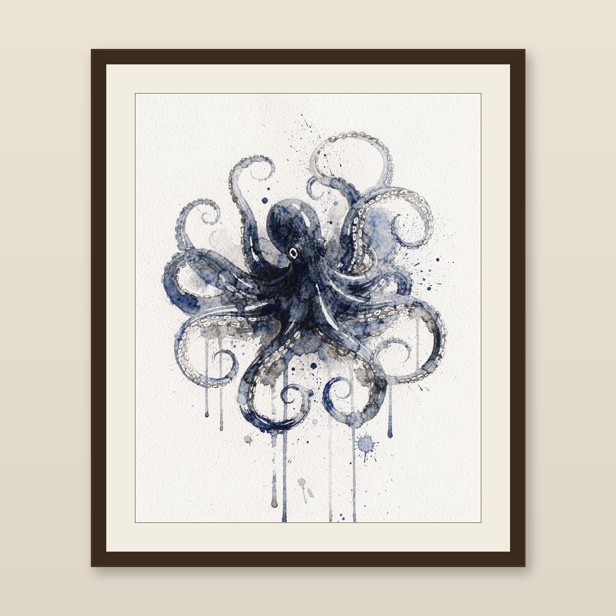 Octopus Watercolor Print, Indigo Sea Life Painting, Coastal Wall Art, Nautical Bathroom Decor, Printable Wall Art Digital Download