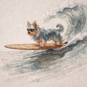 Yorkshire Terrier surfing art, full artwork: watercolor and ink dog in sunglasses on a wooden longboard riding a curling wave.