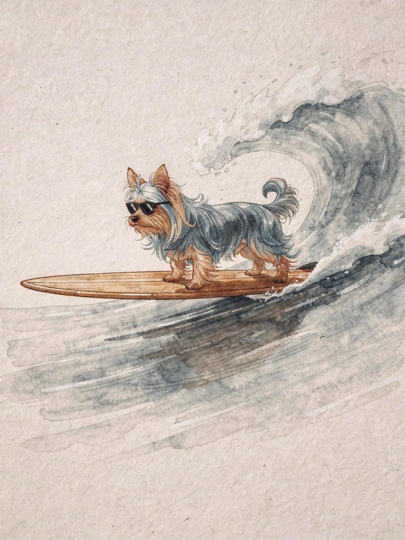 Yorkshire Terrier surfing art, full artwork: watercolor and ink dog in sunglasses on a wooden longboard riding a curling wave.