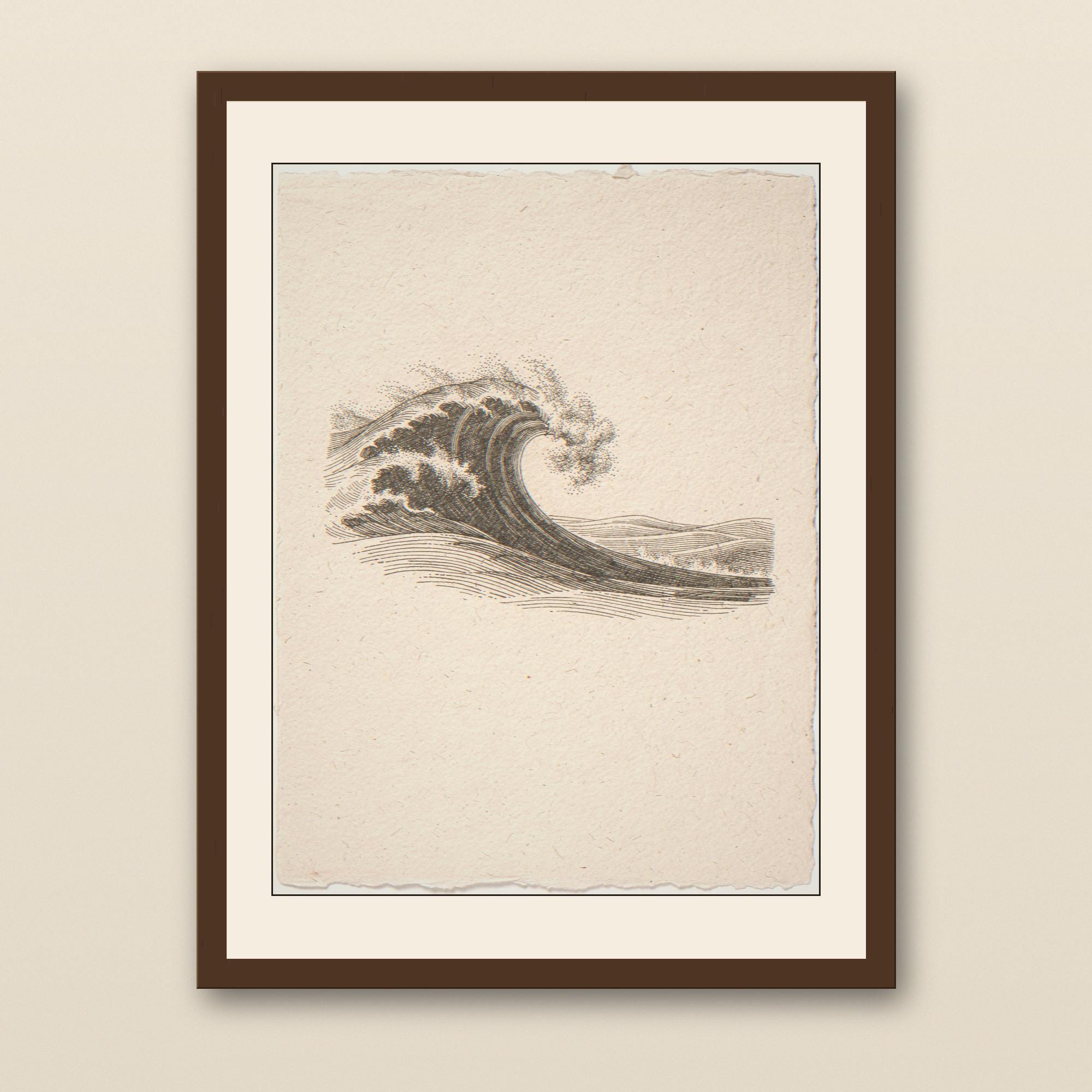 Vintage Etching Style Wave Print - walnut framed art print with cream mat on plaster wall
