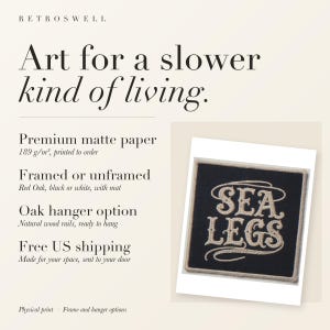 RetroSwell print details for Sea Legs Patch: premium 189 g/m² matte paper, framed or unframed, oak hanger option, free US shipping.