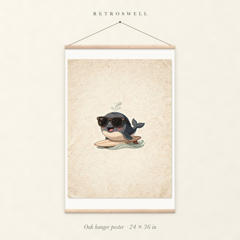 Whale Surfing oak hanger poster, 24 by 36 inches, with natural wood rails and a hanging cord.