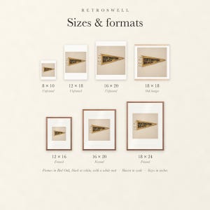 Sizes and formats for Huntington Beach Surf Pennant, shown to scale: unframed prints, oak hanger and framed prints.