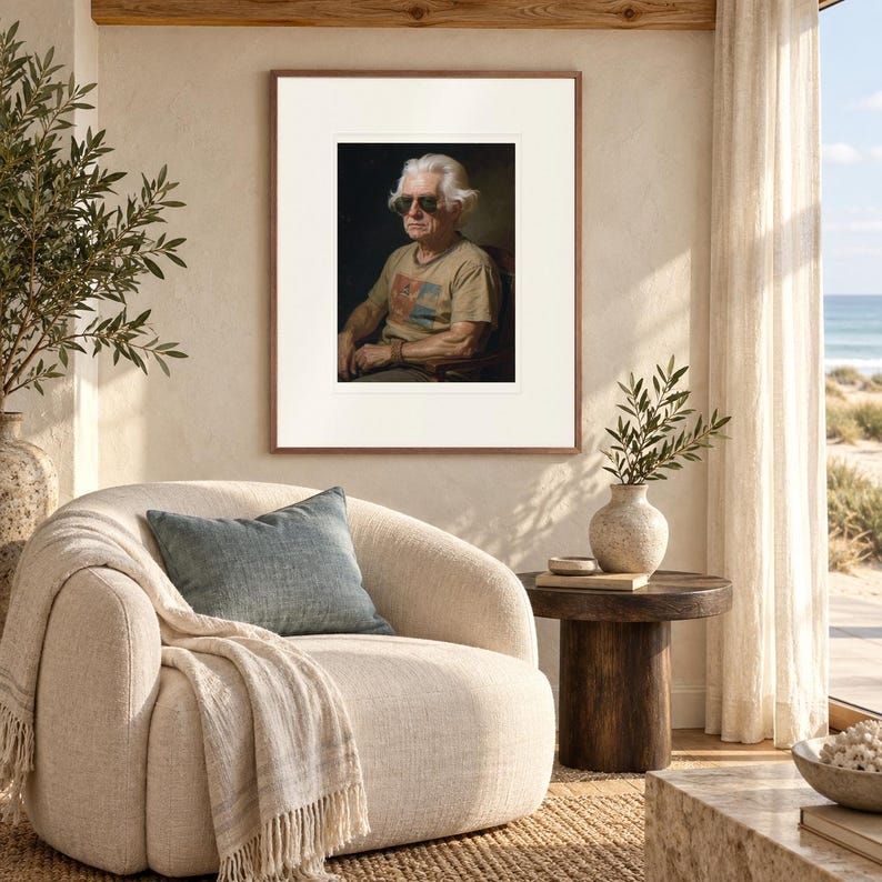 Thomas Jefferson print in a Red Oak frame with a white mat in a light-filled coastal sitting room.