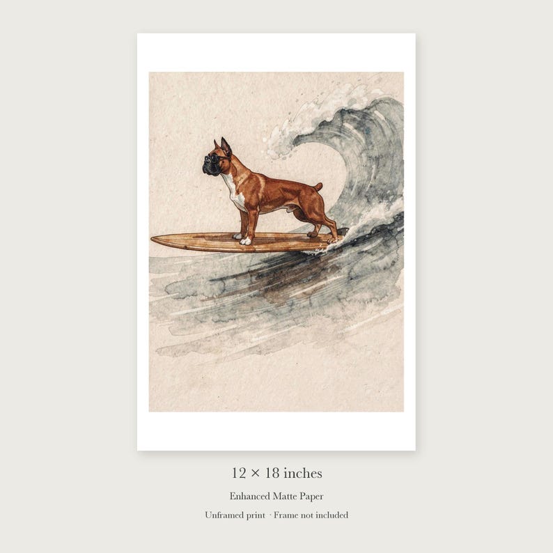 Boxer Surfing unframed 12 by 18 inch print on enhanced matte paper, shown with its white paper border.