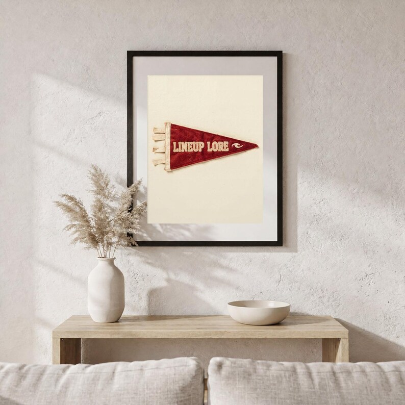 Lineup Lore vintage surf wall art styled in a relaxed coastal living room