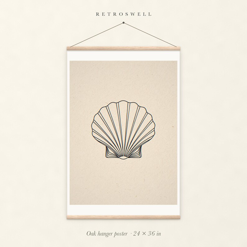 Seashell Line oak hanger poster, 24 by 36 inches, with natural wood rails and a hanging cord.