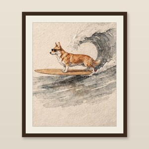 Corgi Surfing Print | Dog Surf Wall Art | Fine Art Coastal Decor | Corgi Lover Gift | Printable Wall Art Digital Download image 1
