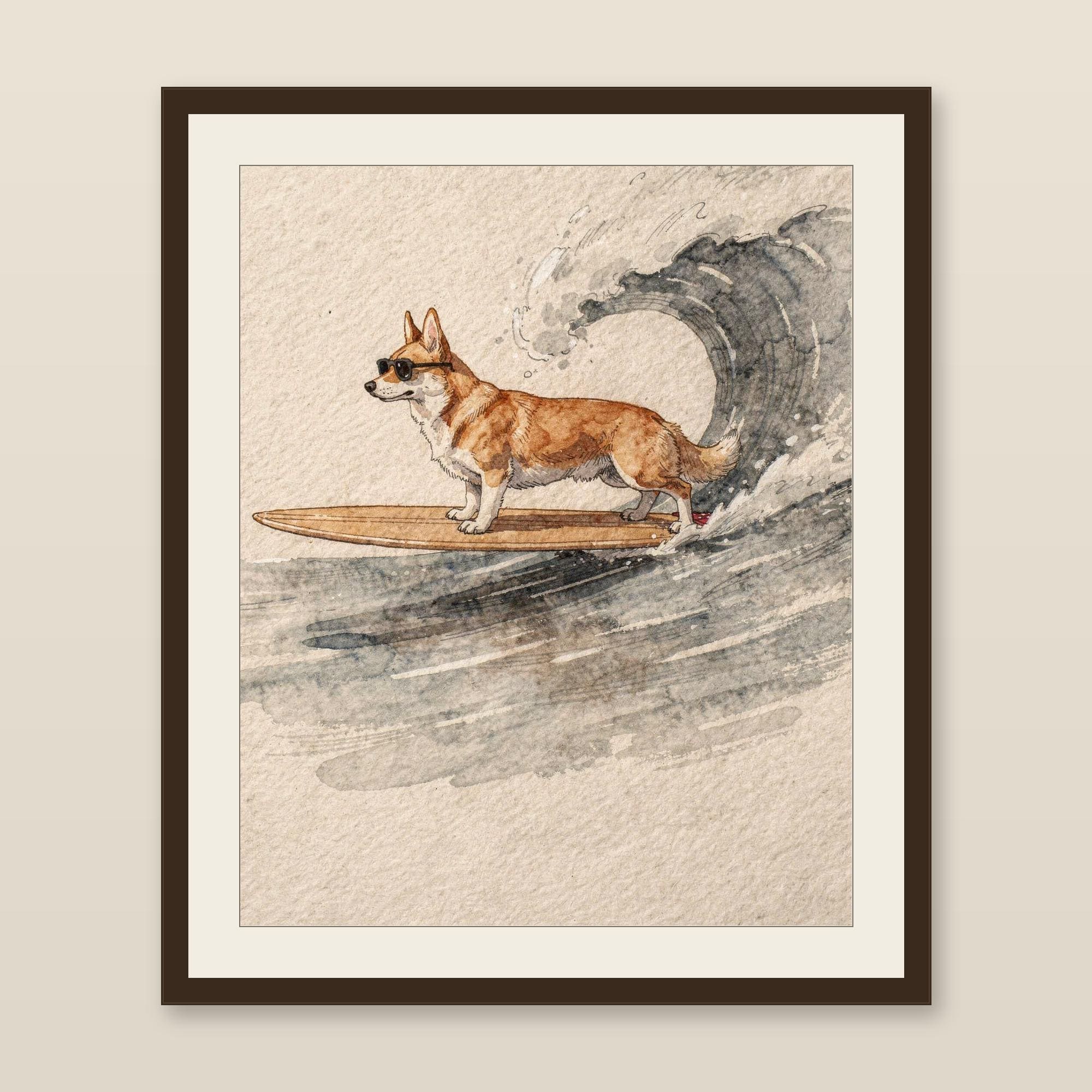 Corgi Surfing Print | Dog Surf Wall Art | Fine Art Coastal Decor | Corgi Lover Gift | Printable Wall Art Digital Download