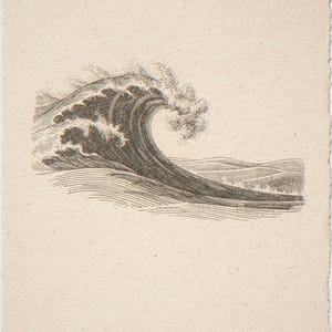 Etching-style wave unframed printed artwork and full composition with its paper border.