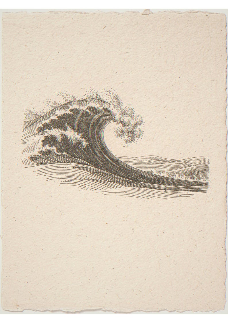 Etching-style wave unframed printed artwork and full composition with its paper border.
