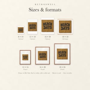 Sizes and formats for Beach Days Patch, shown to scale: unframed prints, oak hanger and framed prints.