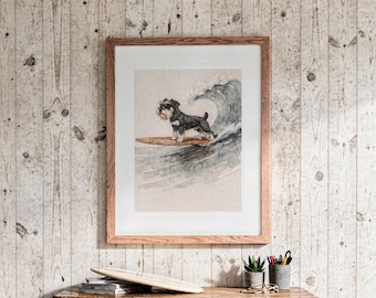 Lámina artística de Schnauzer miniatura surfeando, póster de perro costero con o sin marco.