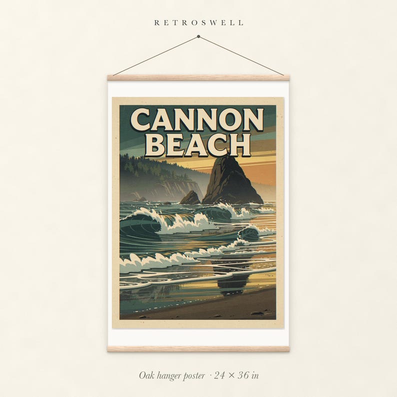Cannon Beach Oregon Surf oak hanger poster, 24 by 36 inches, with natural wood rails and a hanging cord.