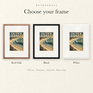 Frame options for Outer Banks Surf: Red Oak, black and white wood frames, each with a white mat.