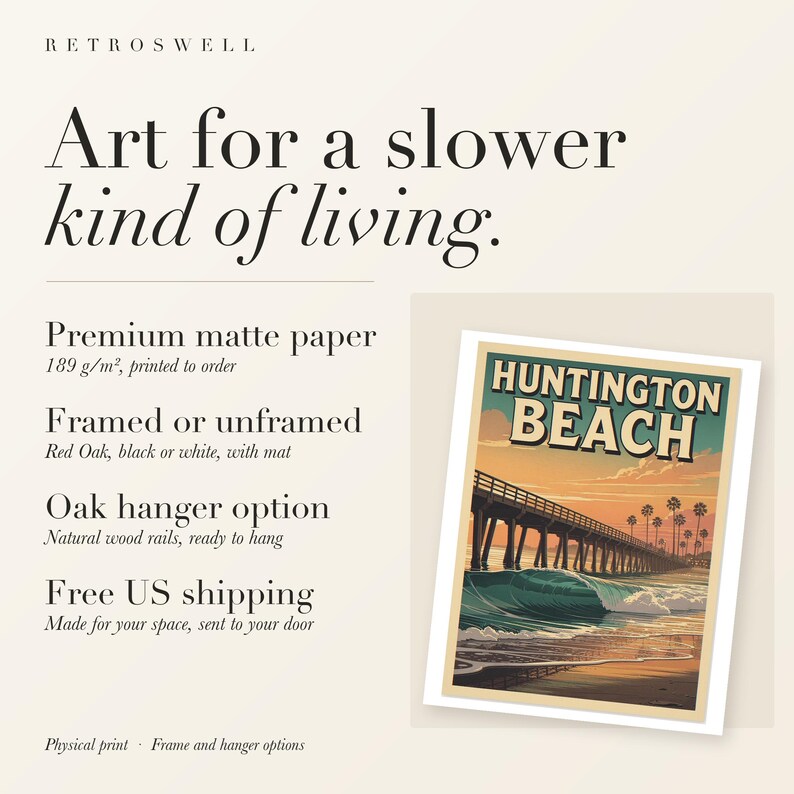 Huntington Beach Surf Travel Poster, Framed or Unframed Vintage Style Coastal Print image 11