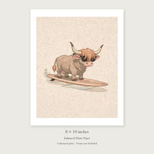 Highland Cow Surfing Art Print, Framed or Unframed Coastal Nursery Poster image 7
